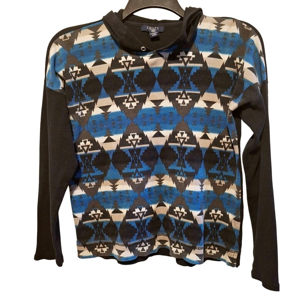 Chaps Woman's Hooded Pullover Sweater Black & Blue Aztec Print 100% Cotton L